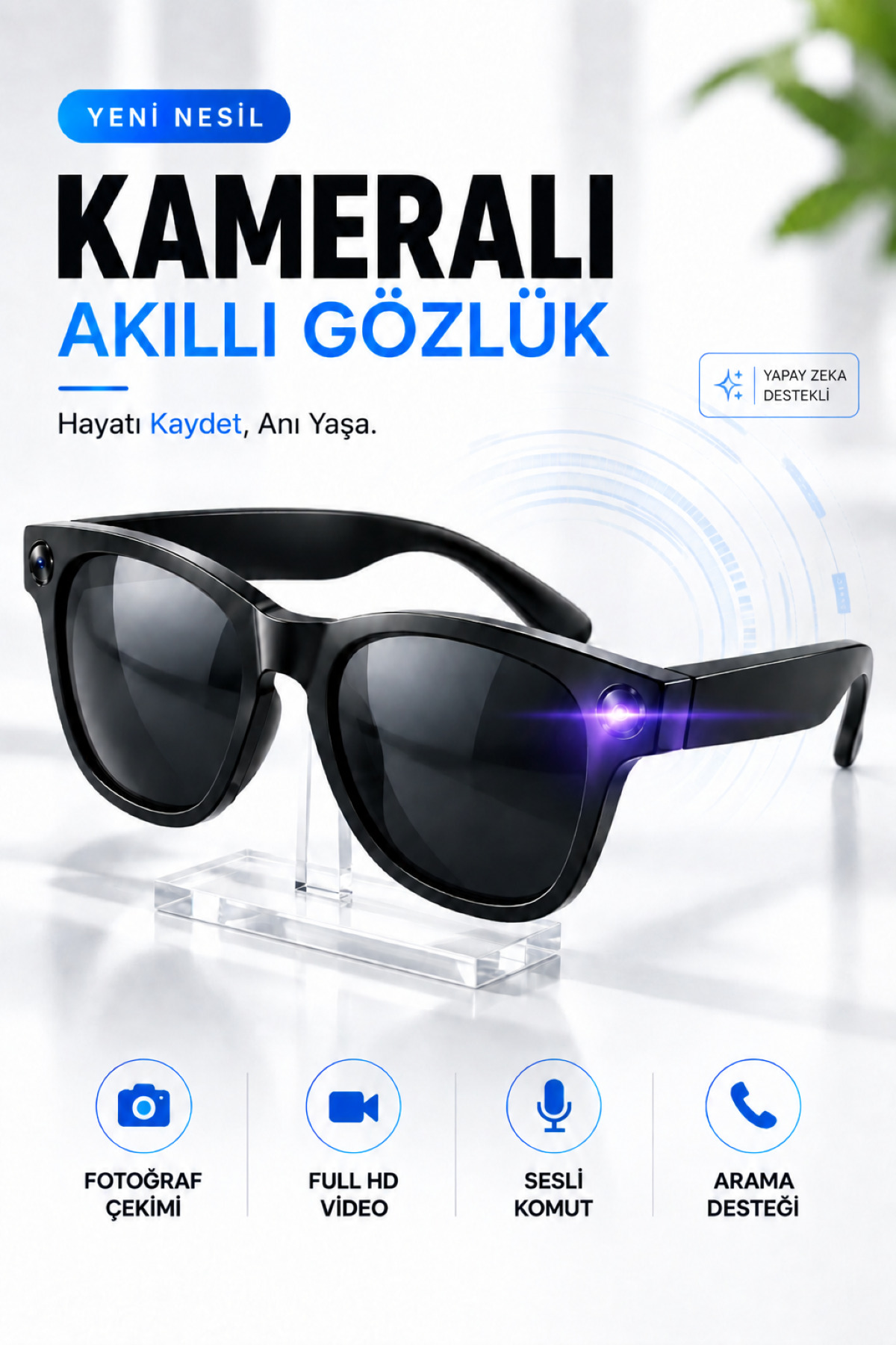 RAYLAX Kameralı Akıllı Güneş Gözlüğü 1080P Full HD 8MP Yapay Zeka Destekli Bluetooth Arama Sesli Komut