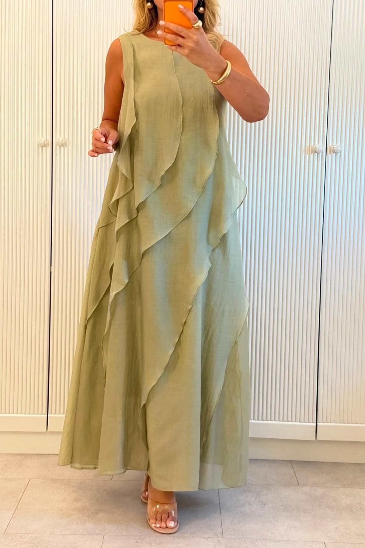 Suziş Green Front Ruffled Sleeveless Long Dress 3450