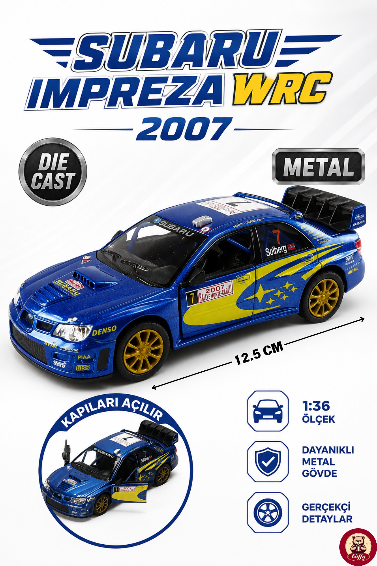 giffy Oyuncak Metal Subaru Impreza WRC 2007 Model Araba 1:36 Ölçek