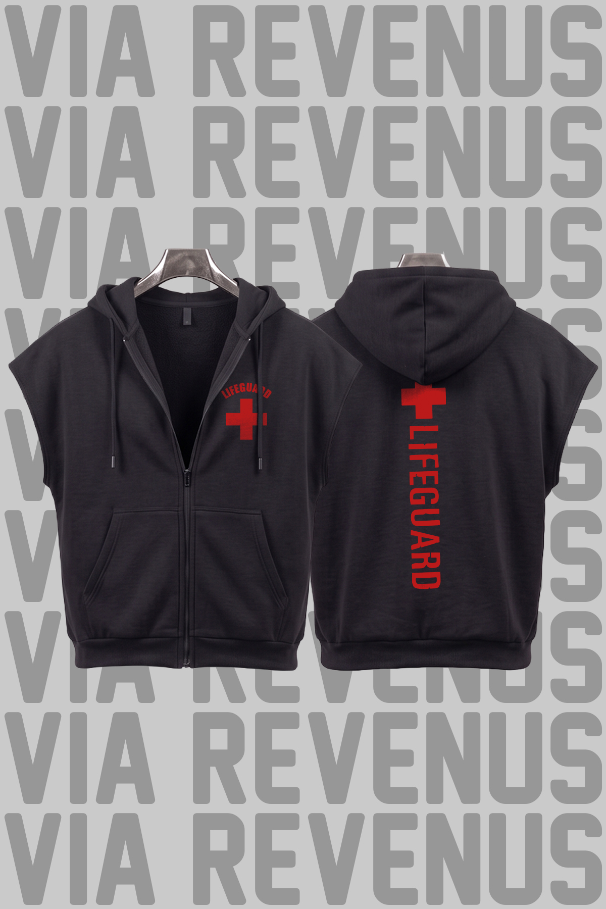 Vordevia Lifeguard / Cankurtaran Printed Sleeveless Zippered Hooded Sweatshirt Wide Fit 3 Thread Threaded Sports Vest