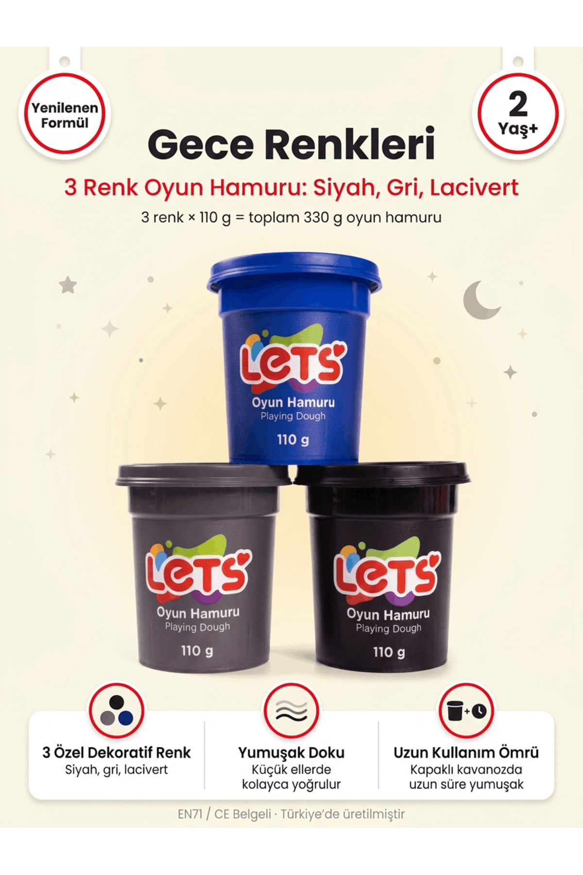 Lets Oyun Hamuru Seti 3'lü – Gece Renkleri Let's