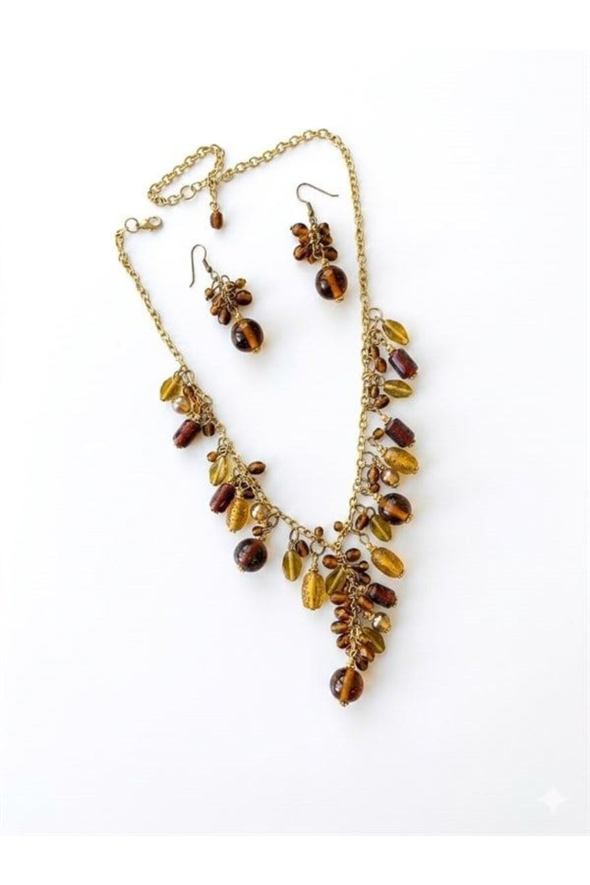 Taşlı Set Kolye - Kahverengi