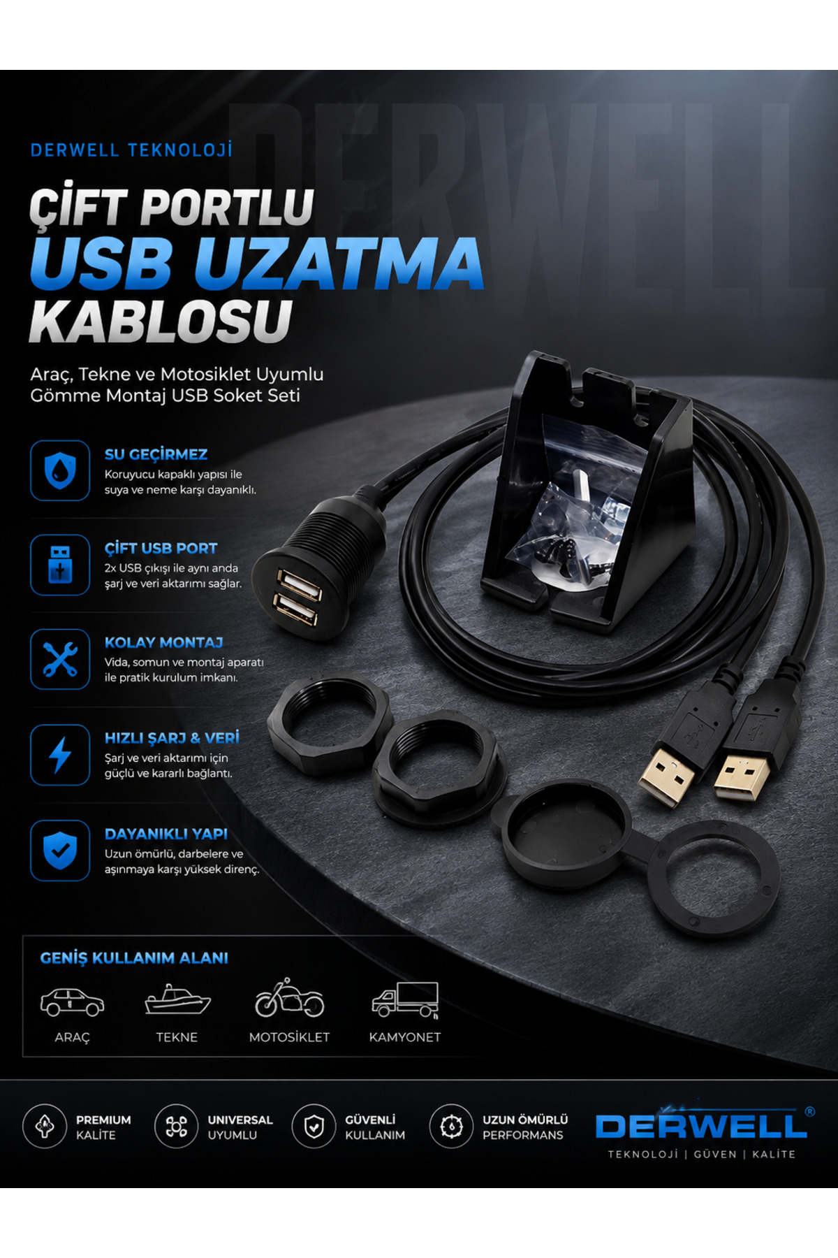 Çift Portlu Panel Tipi USB Uzatma Kablosu; Araç, Tekne ve Motosiklet Uyarıcı Gömme Soket Seti (Su Geçirmez Kapaklı, Montaj Aparatlı ve Vidali, Siyah Renk Dişi-Erkek Şarj Veri Aktarım Kablosu)