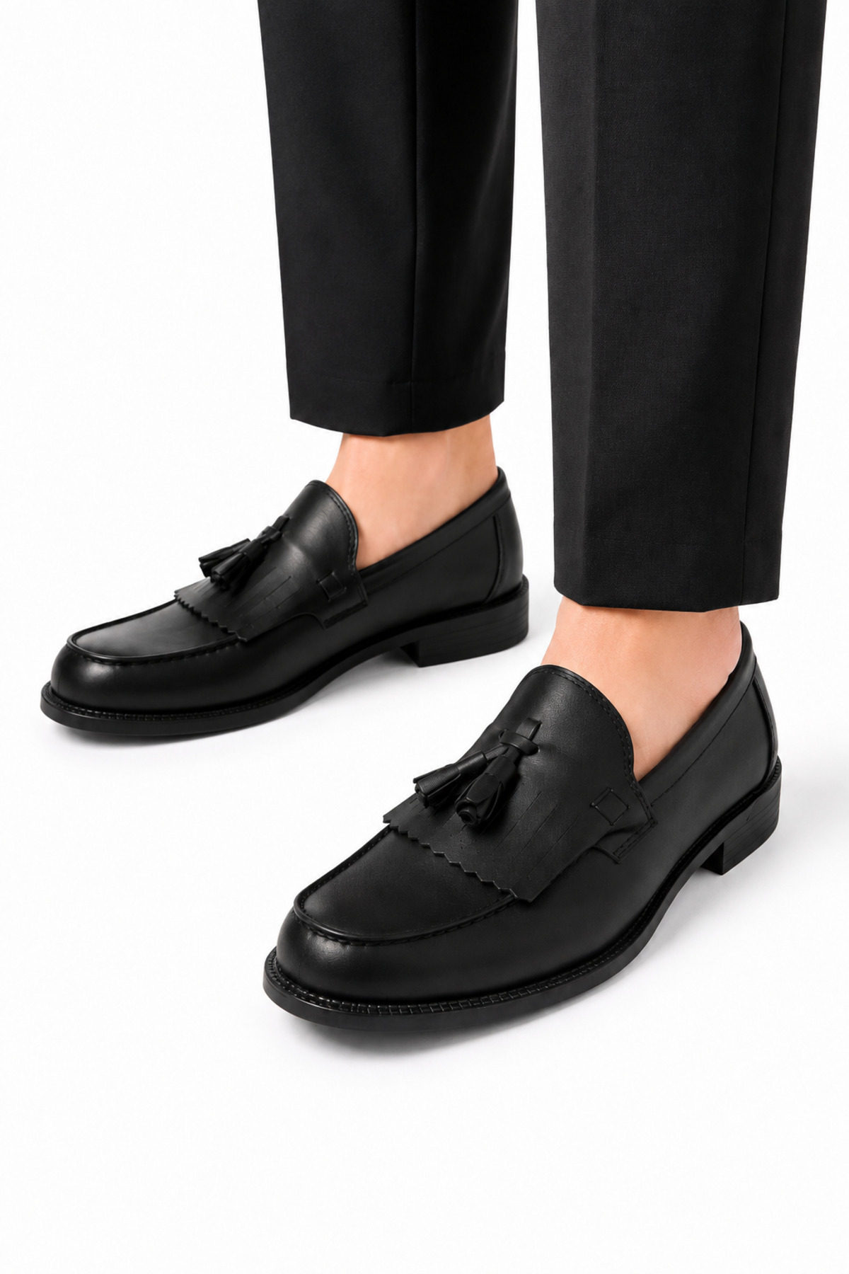 By Sabit Unisex Siyah Püsküllü Corcik Loafer Ayakkabı Bağcıksız Klasik Günlük Şık Kundura görsel 4