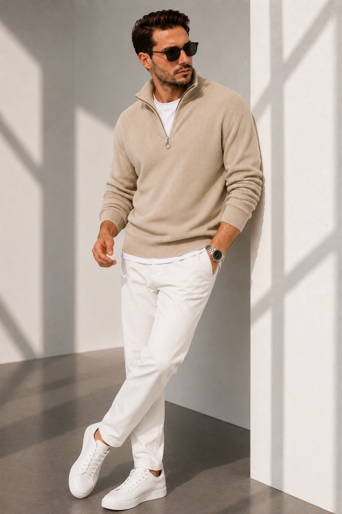 Erkek Oversize Yarım Fermuarlı Dik Yaka Selanik Örme Triko Kazak — بژ BV-SWT-ZIPP-ONE — تصویر 5 از 6