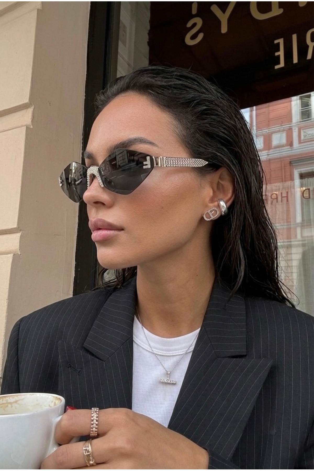 Chunky Frame Livia Kristal Baklava Gümüş Metal Çerçevesiz Ultra Hafif Uv400 Filtreli Siyah Kadın Güneş Gözlüğü görsel 4