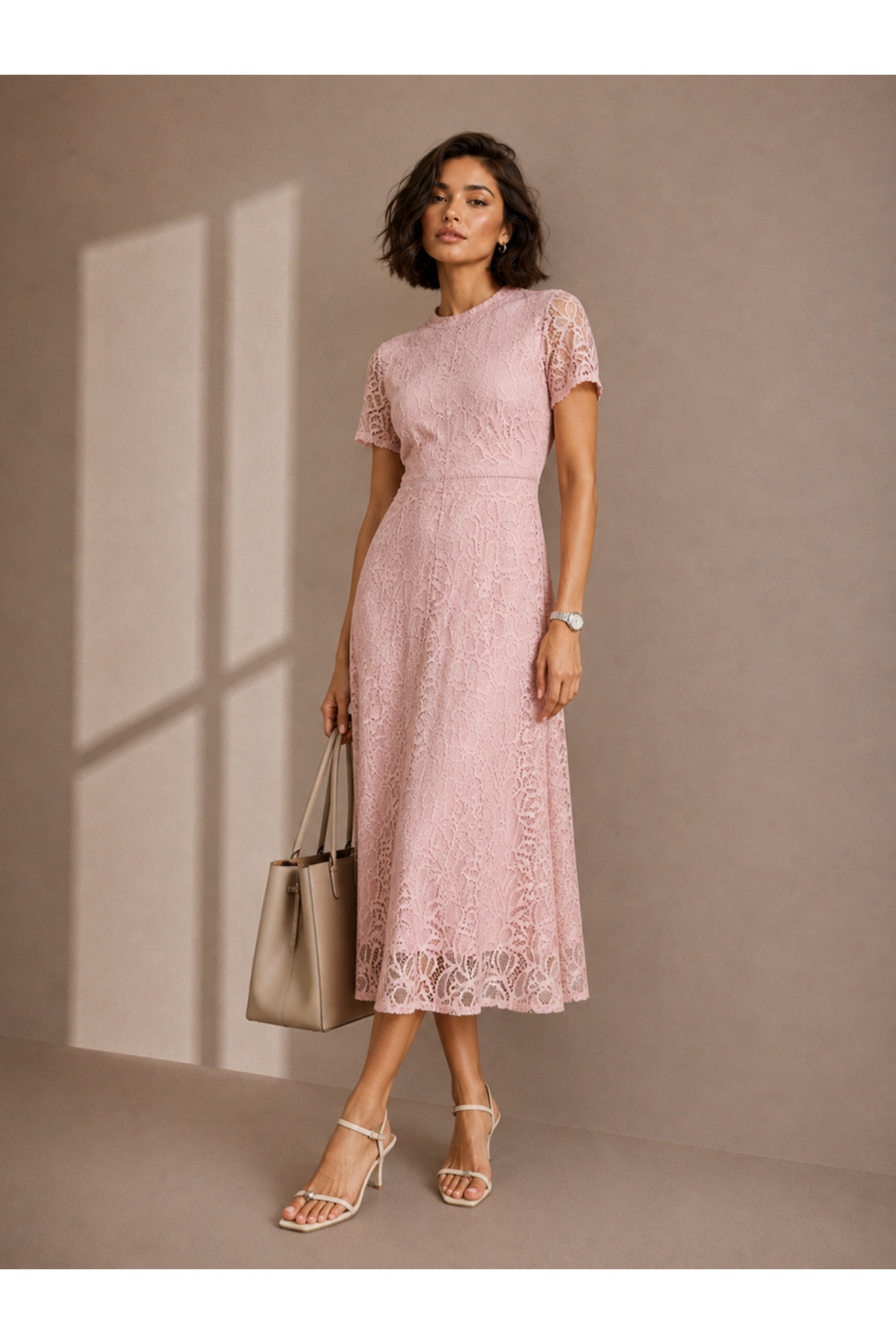 Styli Pink Solid Short Sleeves Lace A-Line Midi Dress