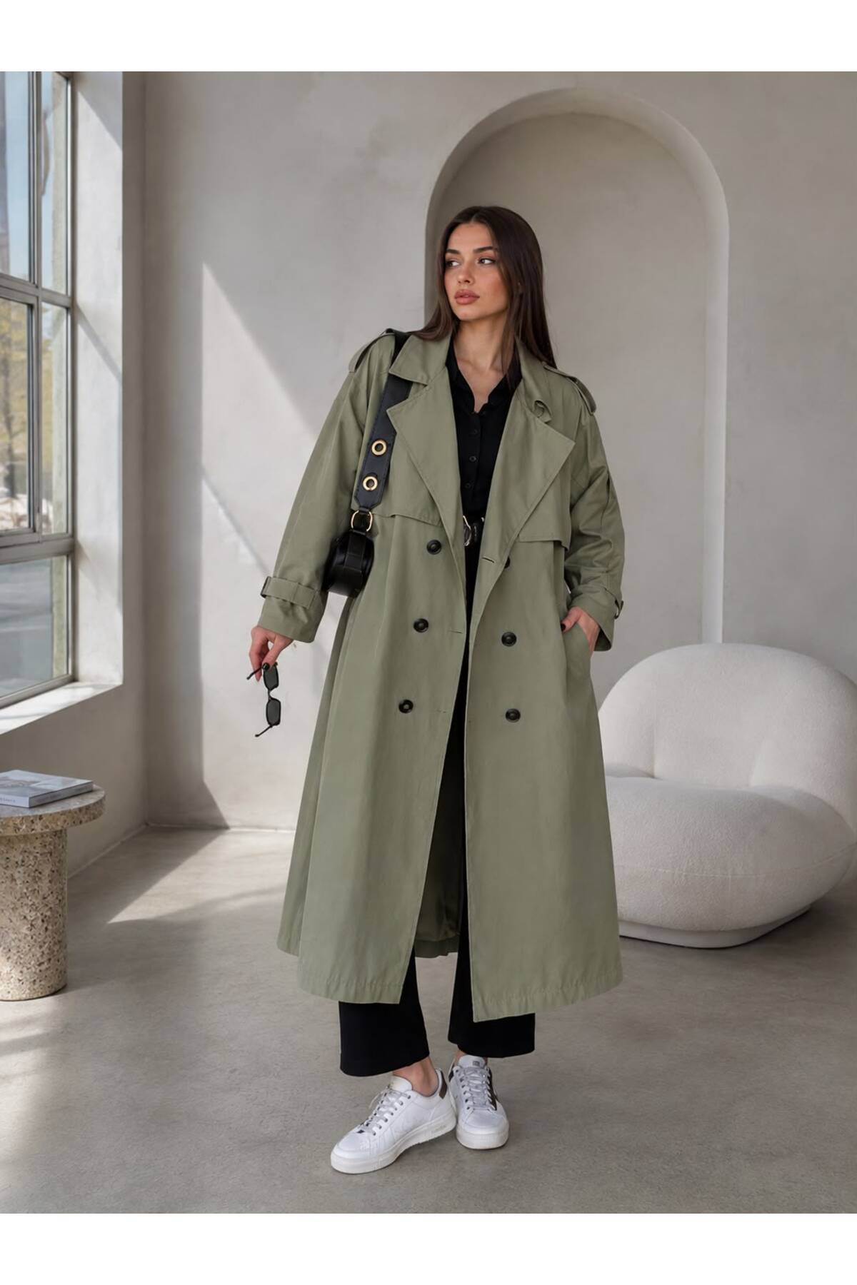 motix Oversize Kuşaklı Çift Katmanlı Trençkot, Şık ve Modern Tasarım görsel 3
