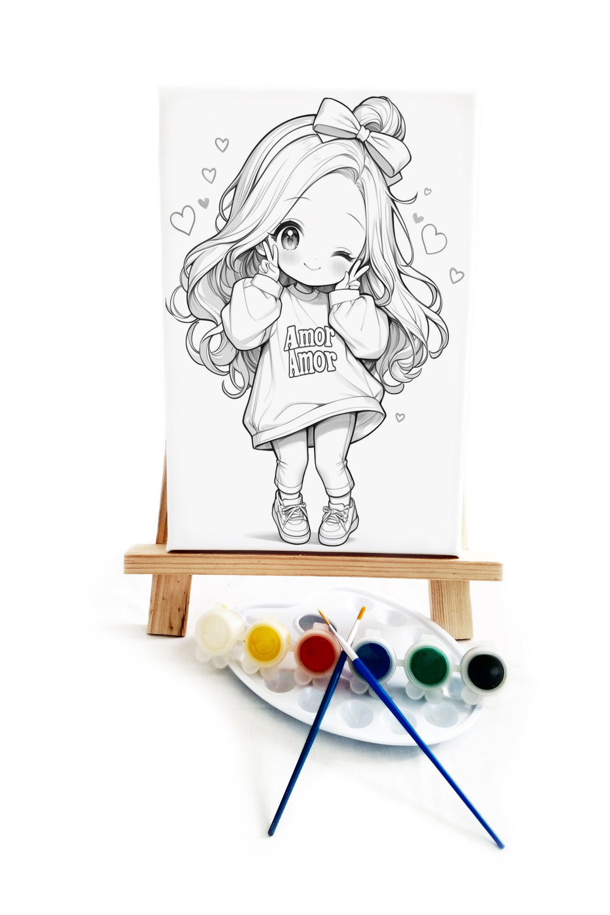 Anime Amor Ressam Seti - 20x30 cm Önçizimli Tuval, 2 Adet Fırça, Palet, Boyalar ve Şövale