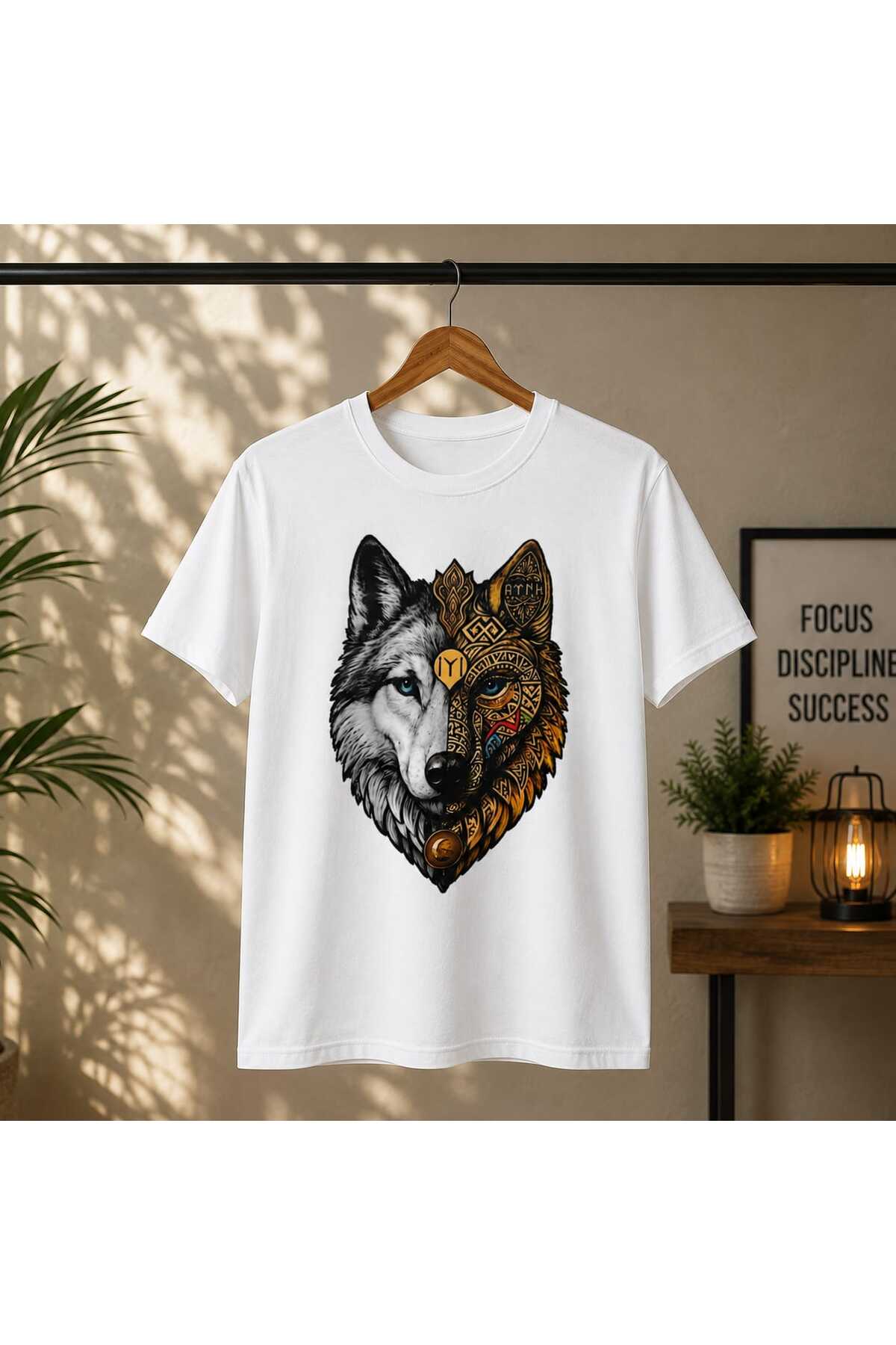 Nostaljik Bozkurt Temalı Ön Yüz Baskılı Beyaz Unisex Erkek Kadın Günlük Kısa Kollu Tişört