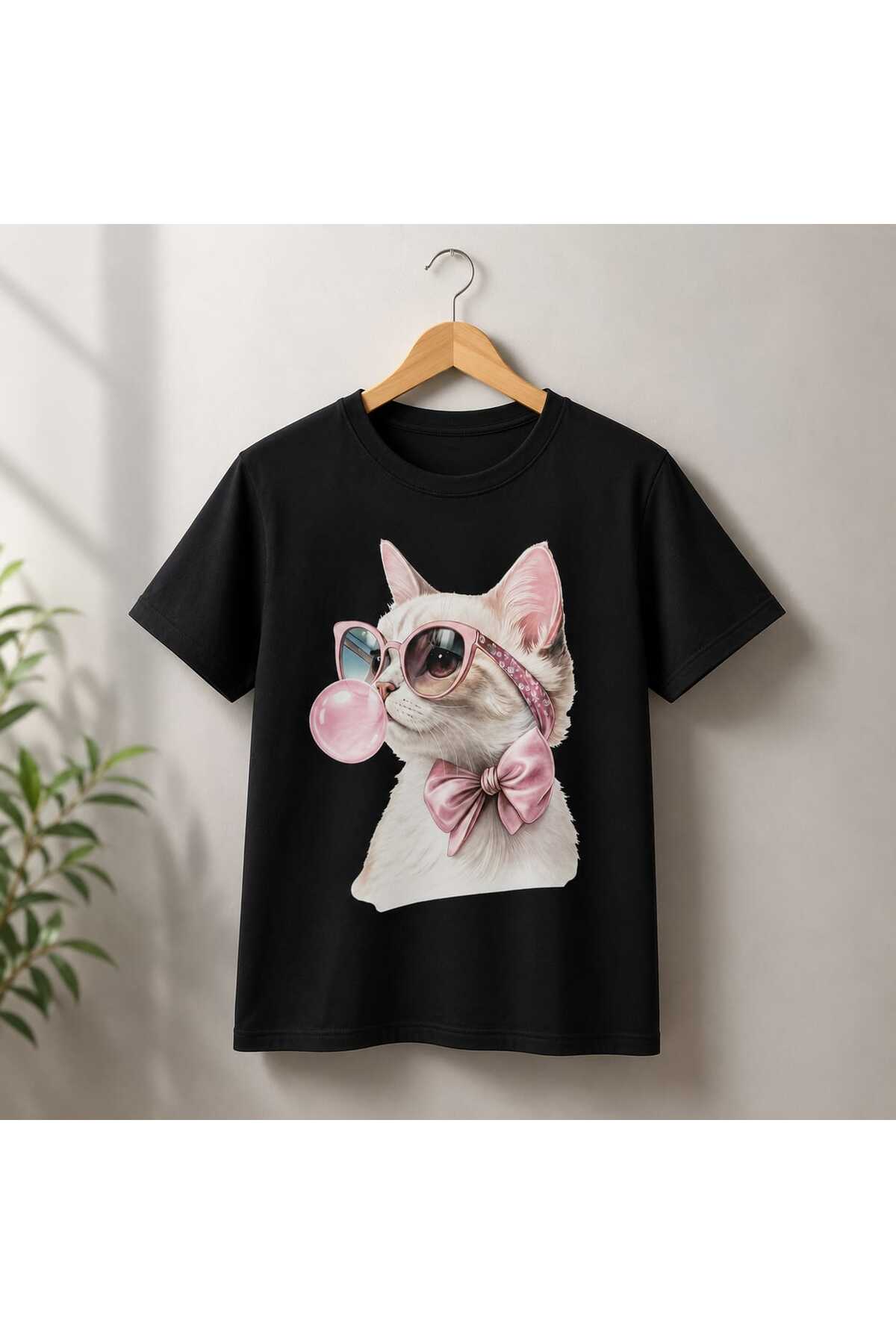 Pembe Fiyonklu Gözlüklü Balonlu Şirin Kedi Baskılı Kadın Erkek Unisex Siyah Kısakollu Tişört