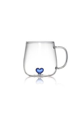 Mavi Kalp Cam Tasarımlı Kahve Cam Kupa Bardak 400 ml LNN123