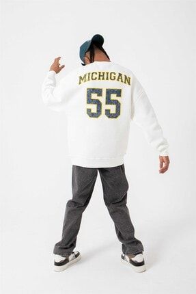 Oversize Michigan Şardonlu Ekru Sweatshirt M3319