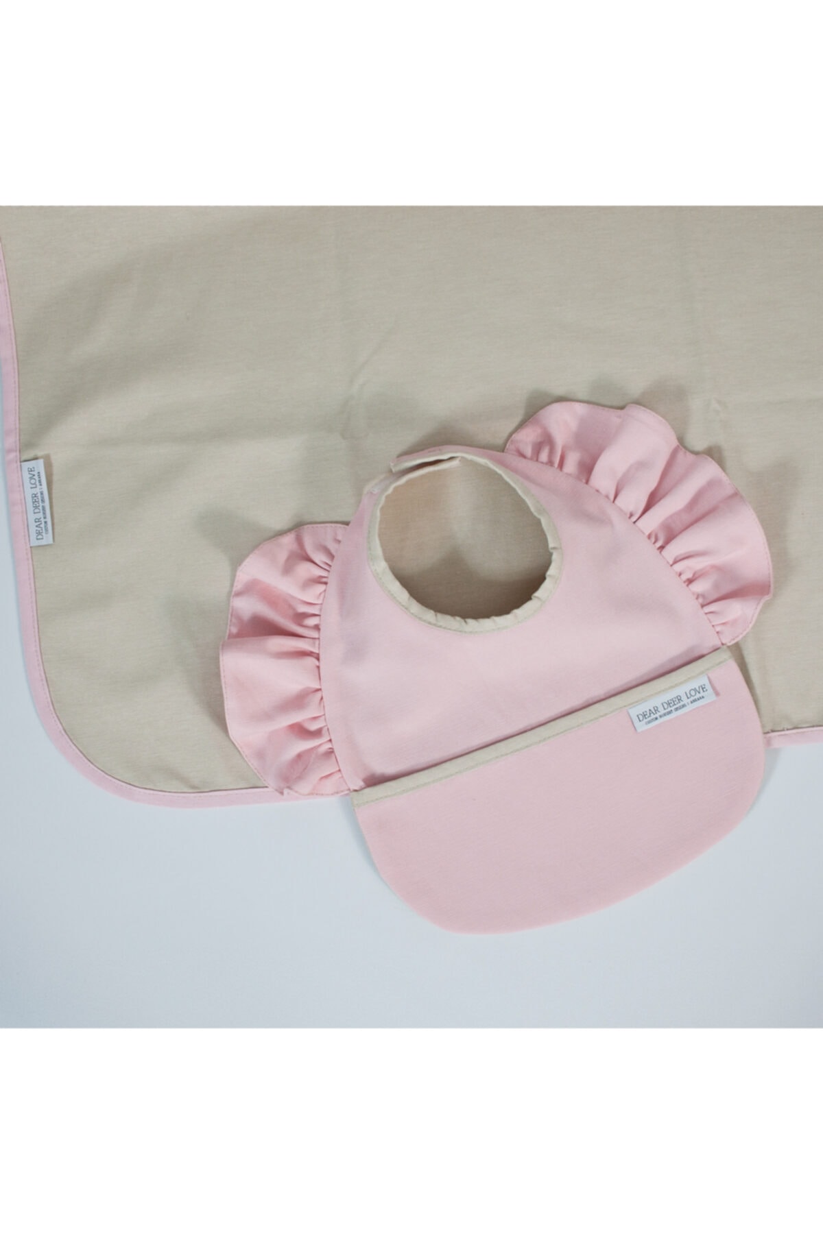 Dear Deer Love Sıvı Geçirmez Mama Önlüğü & Mama Sandalyesi Örtüsü - Blw Seti / Fırfırlı Önlük Pink fotoğrafı 5 (önizleme)