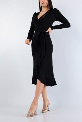 Siyah Krep Kumaş Eteği Volanlı Kruvaze Yaka Kuşaklı Uzun Kollu Elbise Abiye Elbise 101 TKN-EMR-101