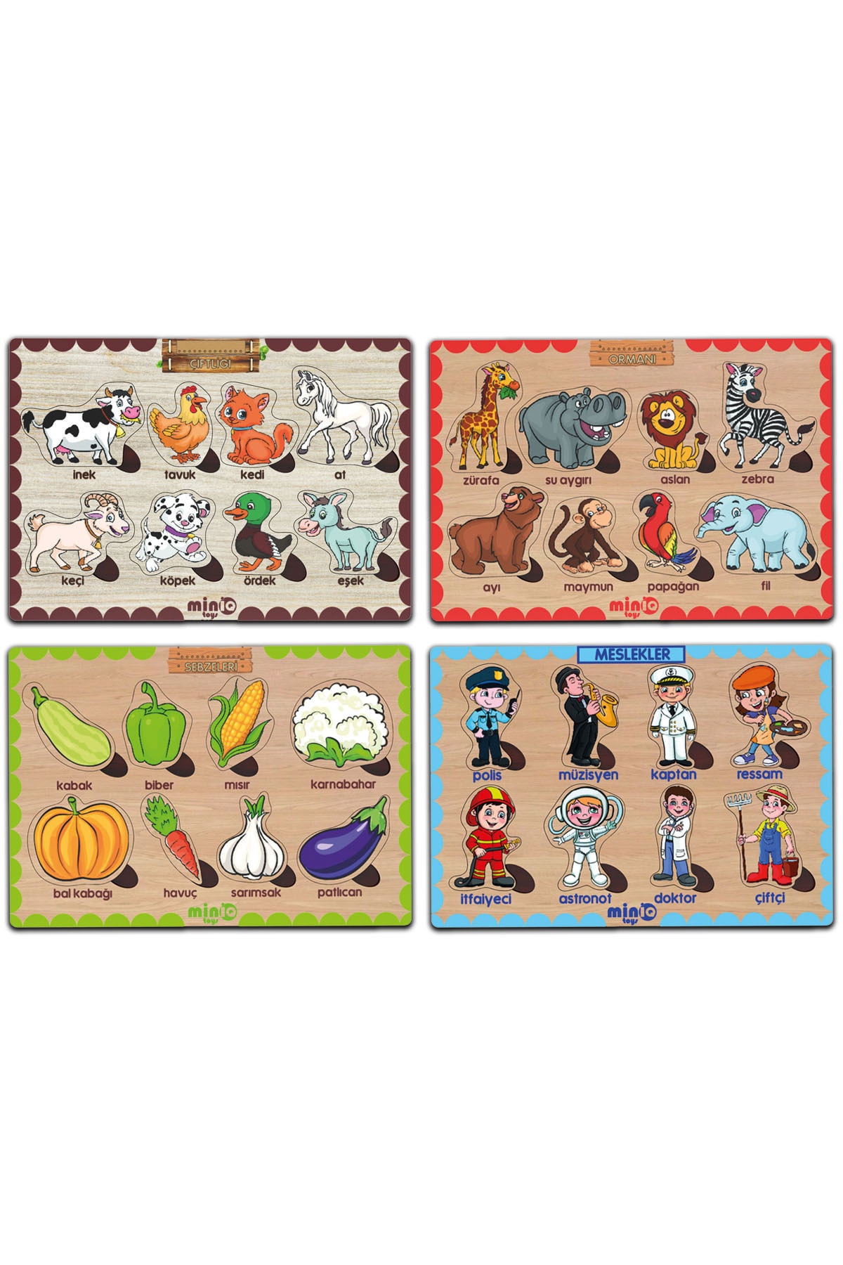 minİQ toys Ahşap Türkçe Ciftlik Hayv.+orman Hayv.-sebzeler-meslekler 4’lü Set Eğitici-öğretici Yapboz fotoğrafı 2 (önizleme)
