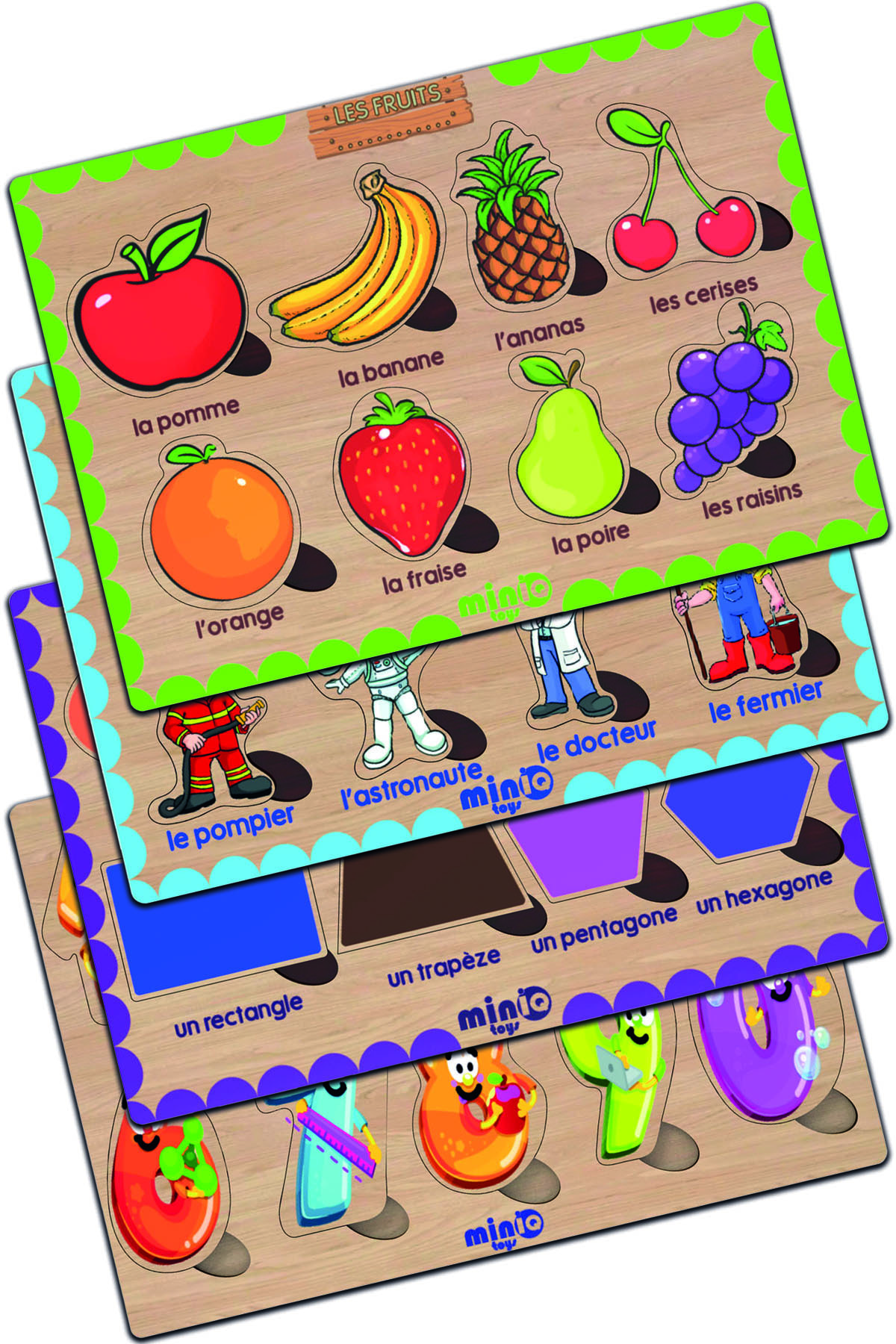 Wooden French Vegetables-professions-shapes-numbers Set of 4 Educational-tutorial Puzzle