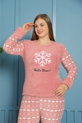 Kadın Pudra Hello Winter Yazılı Kalpli Kar Desenli Polar Peluş Pijama Takımı MK192-5