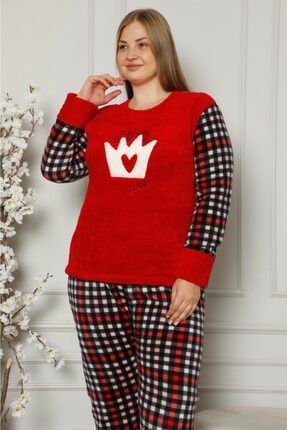Kadın Kırmızı Queen Yazılı Ekoseli Polar Peluş Pijama Takımı MK192-3