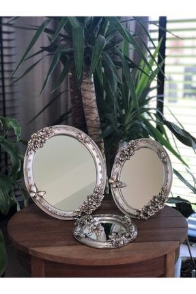 3’lü Kelebekli Taşlı Duvar Ayna Seti Gümüş malkochomekelebektaşlıayna