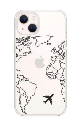 Iphone 13 World Map Lines Desenli Premium Silikonlu Şeffaf Telefon Kılıfı Uyumlu worldmaplinesblack13sf