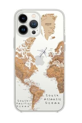 Iphone 13 Pro Uyumlu Dünya Harita Desenli Premium Silikonlu Şeffaf Telefon Kılıfı dunyaharita13psf