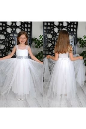 Kız Çocuk Uzun Pamukkoza Beyaz Abiye Elbise PERA100