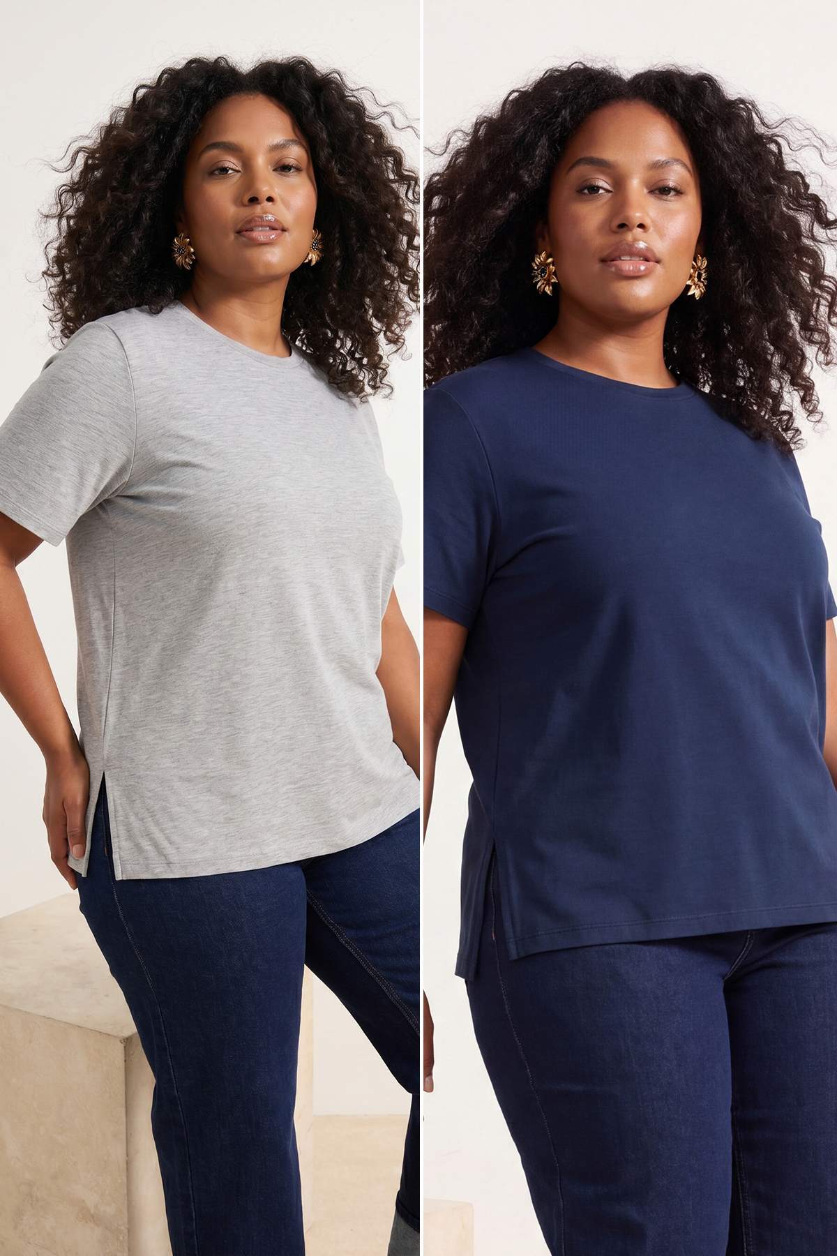 Trendyolmilla Curve Gri Melanj- Lacivert 2'li Paket Oversize Fit Basic Büyük Beden T-shirt TBBSS26BF00030