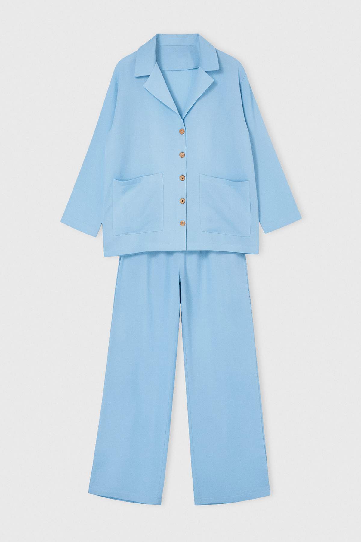Drop by Trendyolmilla Mavi Oversize Ceket Yaka Cepli Üst Beli Lastikli Rahat Kalıp Pantolon Müslin Takım TDRSS26AU00046