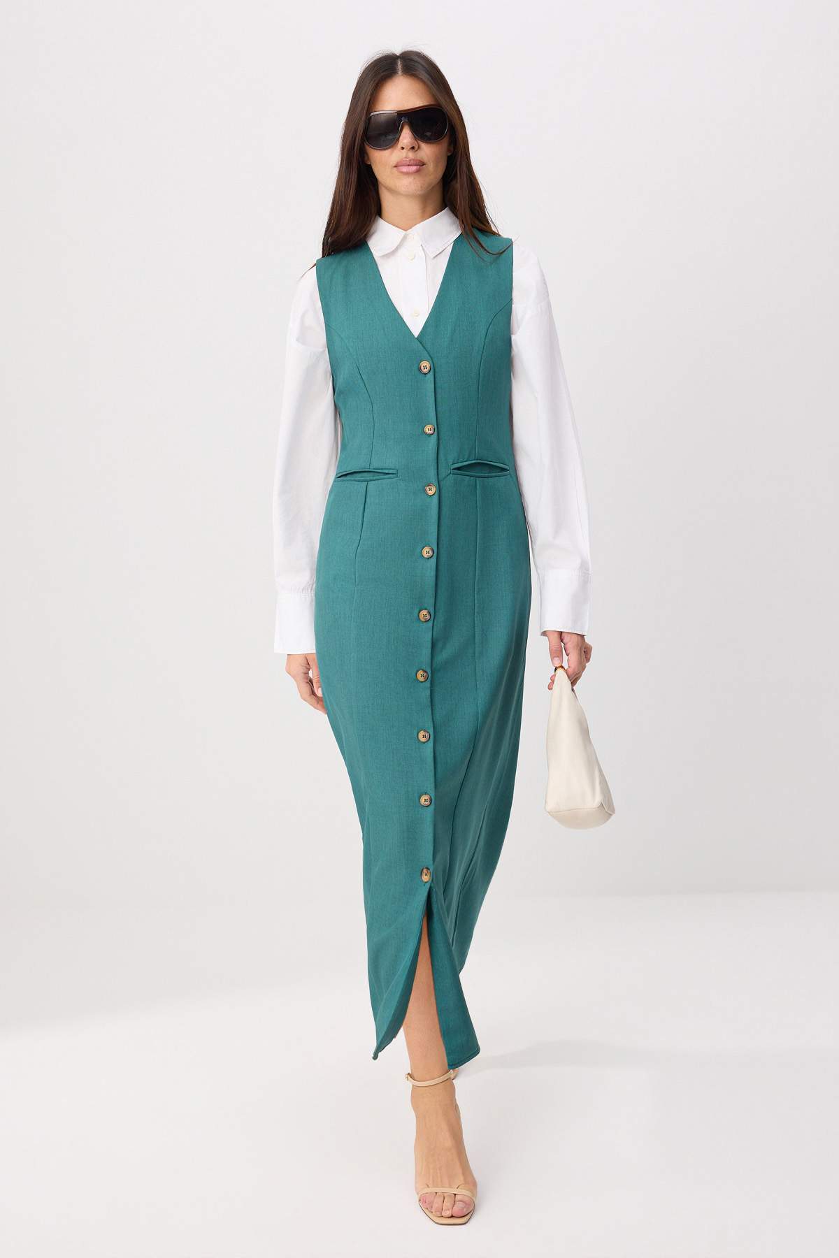 Trendyolmilla Modest Zümrüt Yeşili Astarsız Düz Dokuma Elbise&Tulum Poliviskon Tesettür Elbise TCTSS24EB00202
