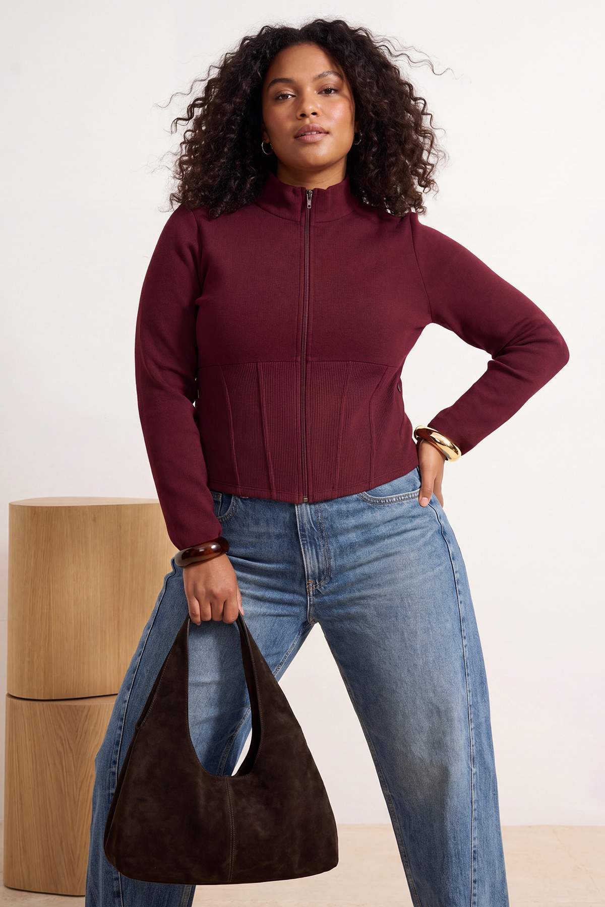 Trendyolmilla Curve Bordo Fırçalı Soft Kumaş Baş Parmak Delikli Büyük Beden Spor Ceket/Sweatshirt TBBSS26AG00009
