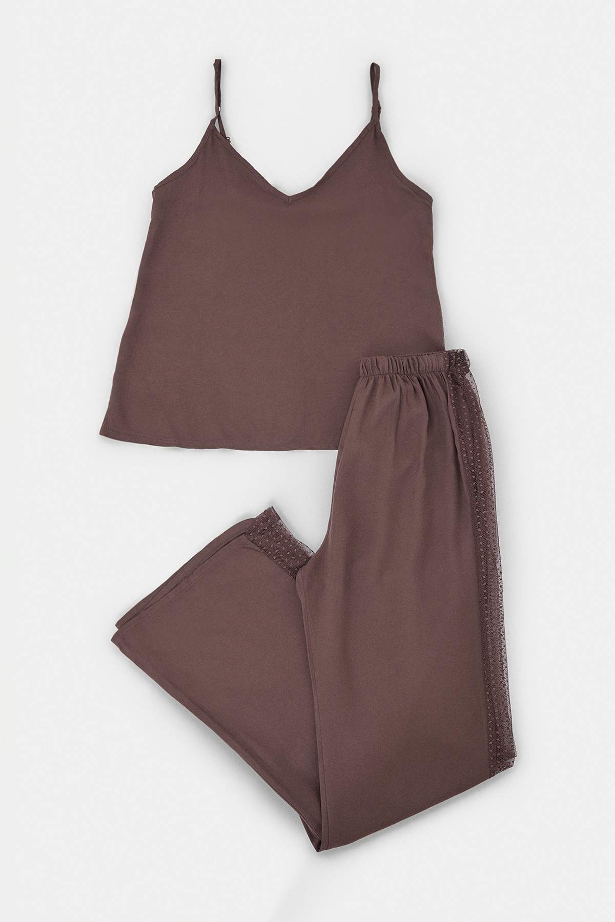 Trendyolmilla Kahverengi Düz Shally Dokuma Pijama Takımı THMSS25PT00128