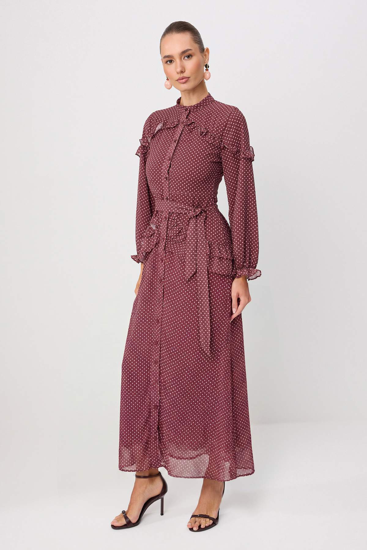 Trendyol Modest Burgunderfarbenes, gefüttertes, geblümtes Webkleid & Overall,...