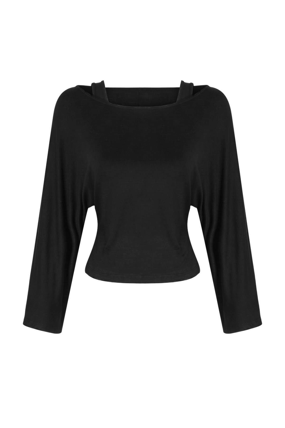 Trendyolmilla Siyah 2'li Transparan Fitted/Vücuda Oturan Asimetrik Yaka Örme Bluz TWOAW27BZ00126