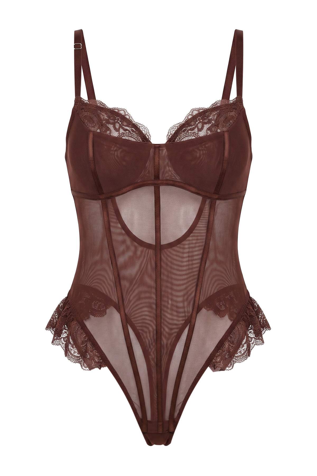 Trendyolmilla Kahverengi Tül Dantel Detaylı Kaplı İp Askılı Çıtçıtlı Örme Body THMAW27BD00008