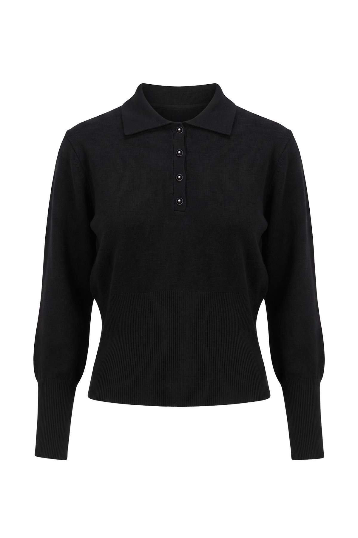 Trendyolmilla Wardrobe Essentials Siyah Polo Yaka Vücuda Oturan/Bluzan Triko Kazak TWOAW27KZ00082