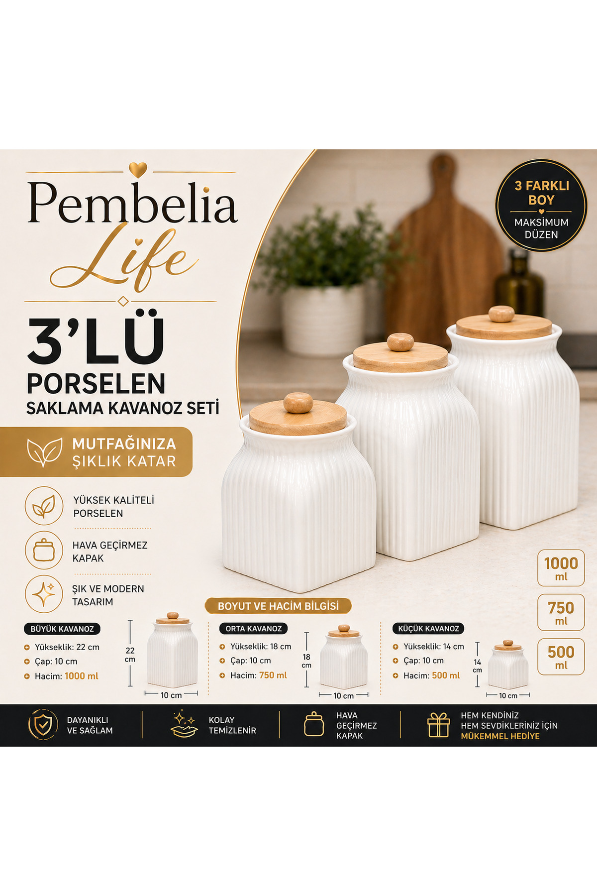 Pembelia Life 3 Boy Porselen Bambu Kapaklı Çay Kahve Şeker Kavanoz