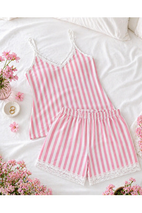 PAMUL Kadın Şortlu Pijama Takımı Pembe Çizgili - Dantel Detaylı Askılı Yazlık...