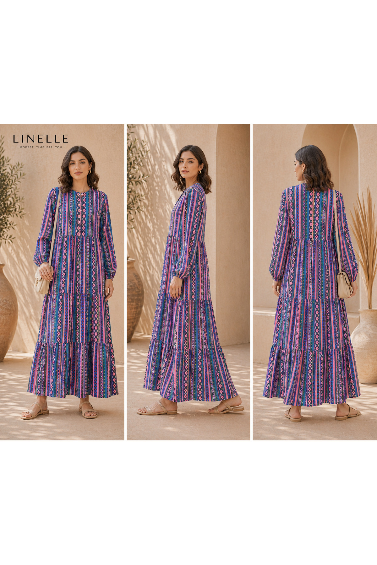 LINELLE Blue Ikat-Inspired Geometric Stripe Tiered Casual Dress
