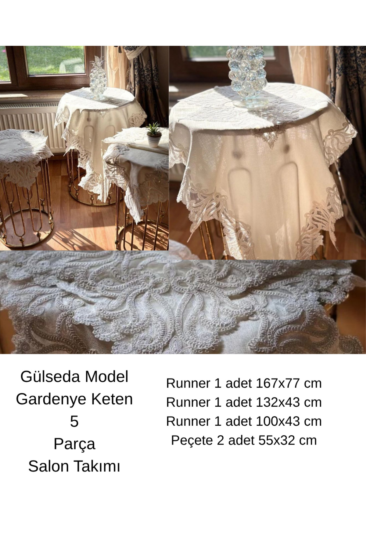 Salon Set 5-Piece Linen French Lace Trouble-Free Runner-Ranir Set Dowry Salon Set Gülse