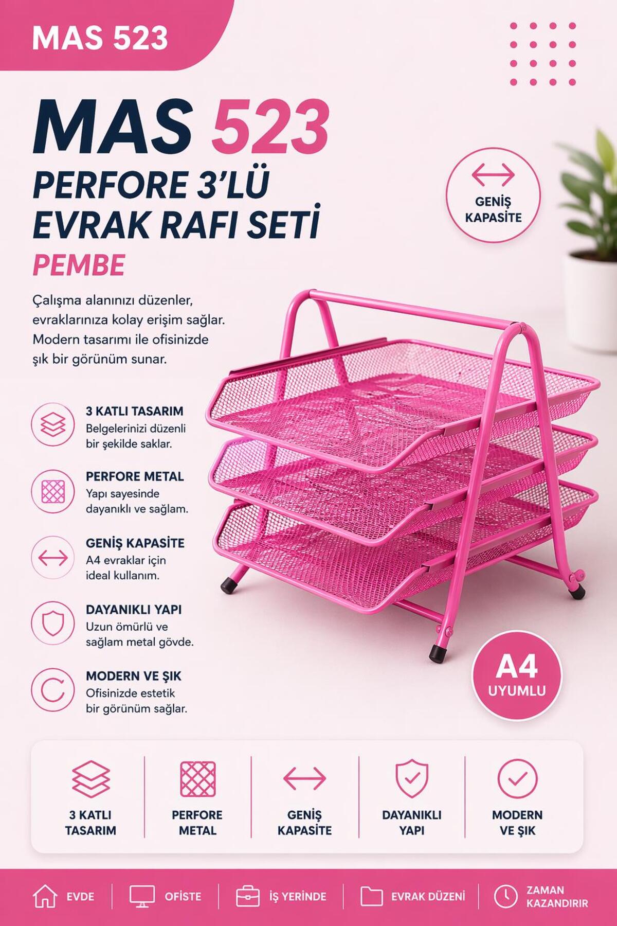 Rose 3点セット Mas 523 Perfore 3'lü Evrak Rafı Seti Pembe - Fiyatı, Yorumları