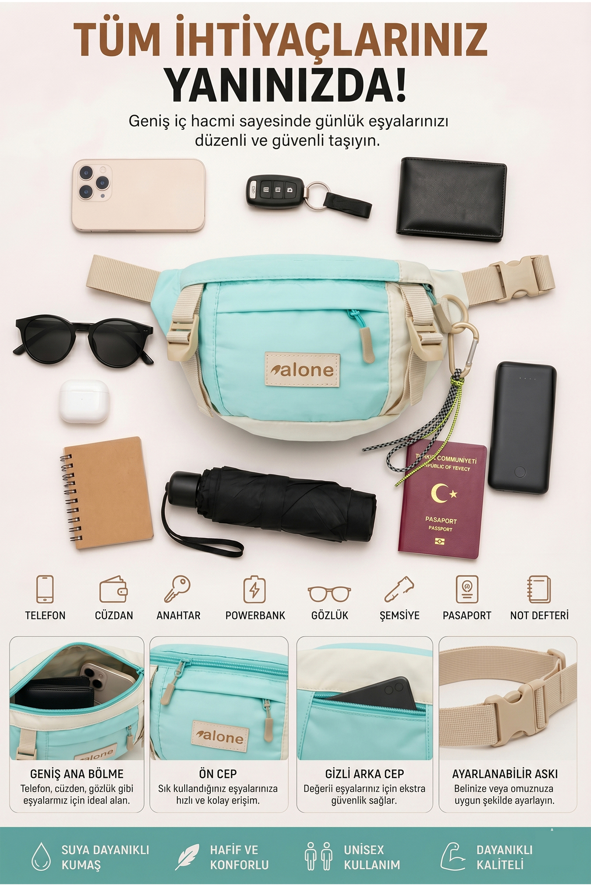 Alone Unisex Mint Fonksiyonel Bel Çantası - Ayarlanabilir Omuz Çantası-6060 görsel 3