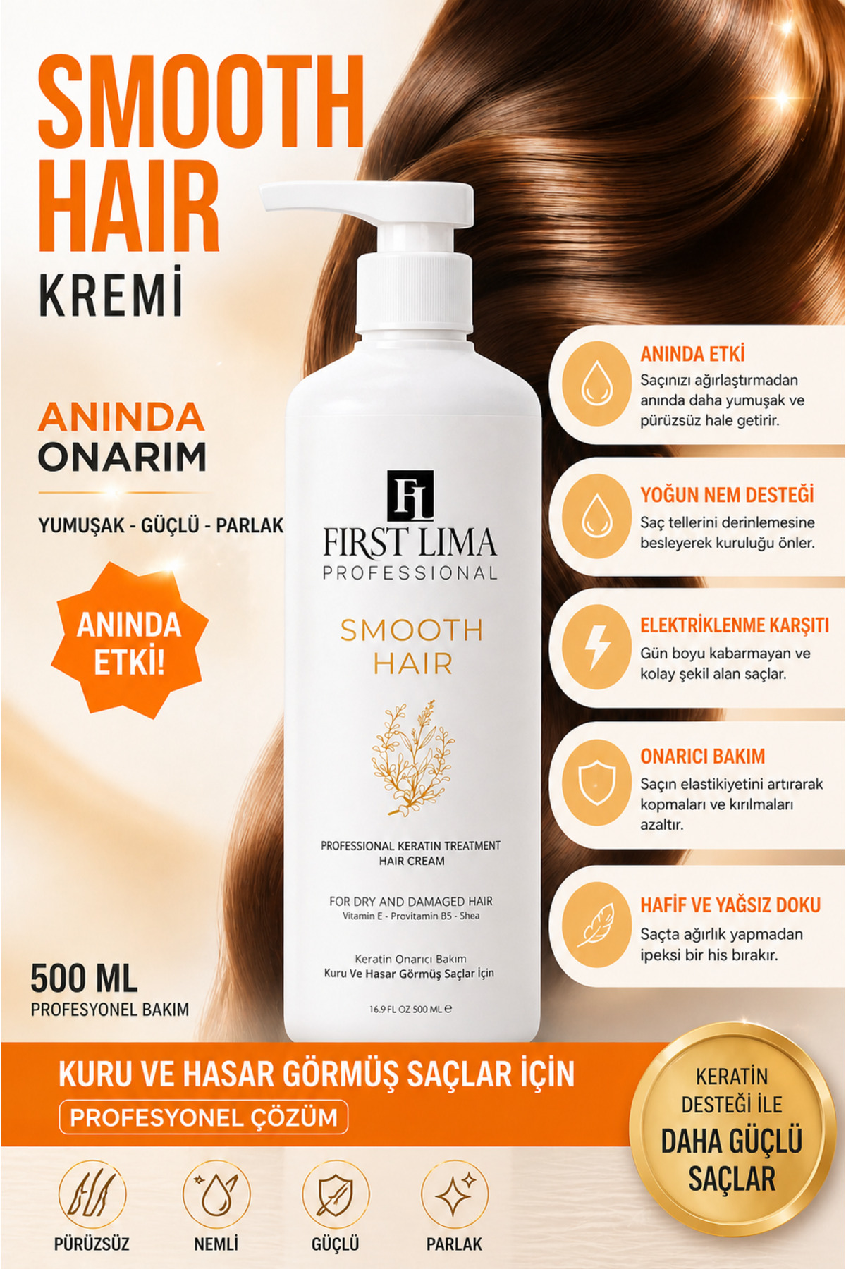 Durulanmayan Keratin Saç Bakım Kremi 500 ml | Elektriklenme ve Kabarma Karşıtı | Smooth Hair — DURULANMAYAN — تصویر 4 از 9