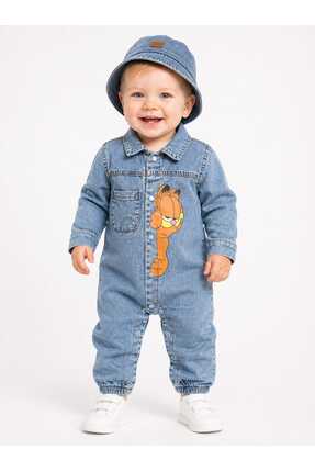 CROCODAYS Unisex Çocuk Bebek Kot (JEANS) Baskılı Şapkalı Tulum (3/6/9/12/18) Ay