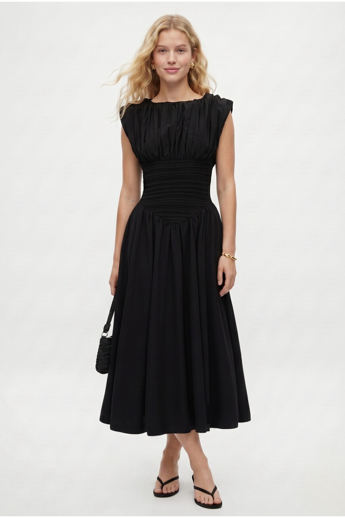 Women's Adelina Waist Corset Detail Back Elastic Woven Long Black Dress