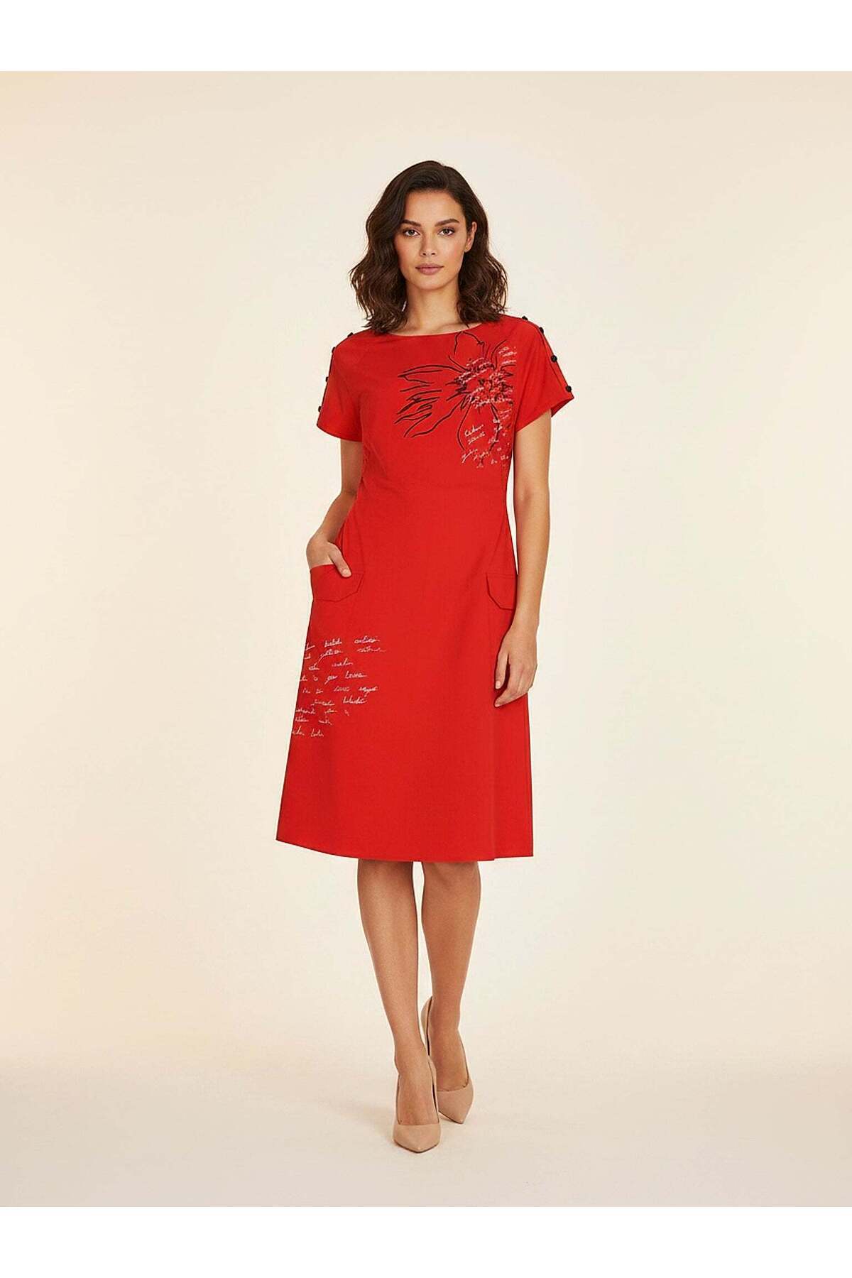 Women's Red Midi Dress – Print Detailed, Straight Cut, City Chic | Frn Line