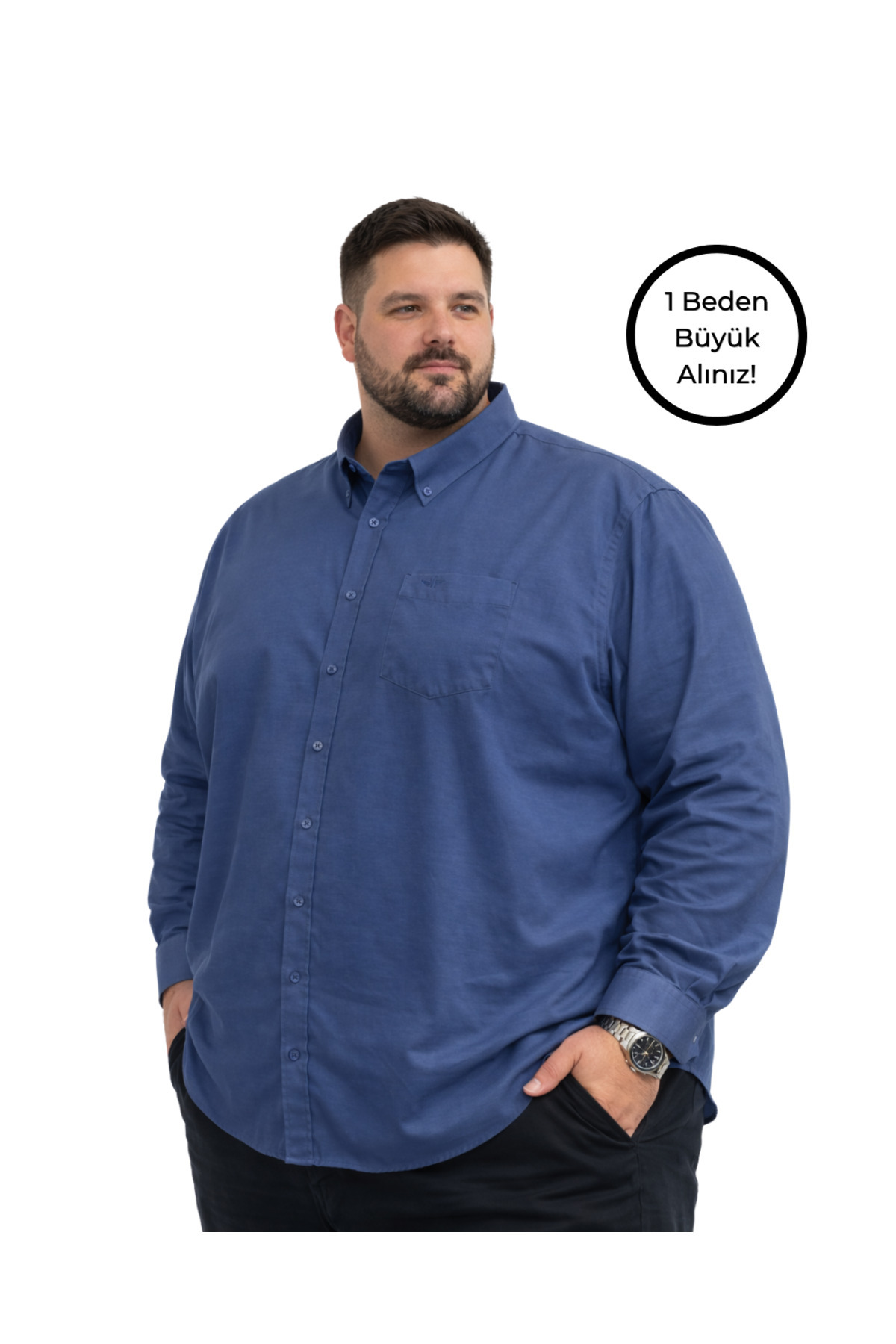 BattalModa Erkek Büyük Beden Açık Lacivert Uzun Kollu Gömlek 3XL-4XL-5XL-6XL-7XL-8XL görsel 2
