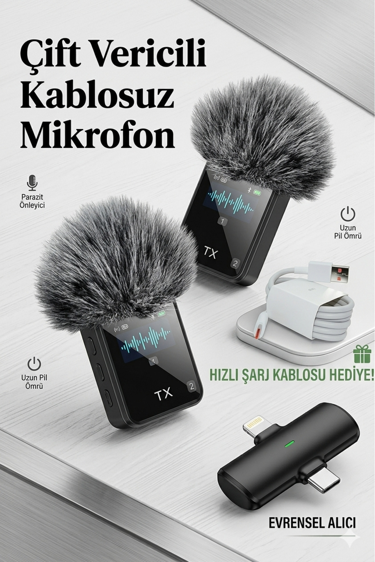 【mikymaru】 LOG-F-15 2脚セット pukotech F15 Profesyonel 2 Lİ Kablosuz Yaka Mikrofonu 2in1