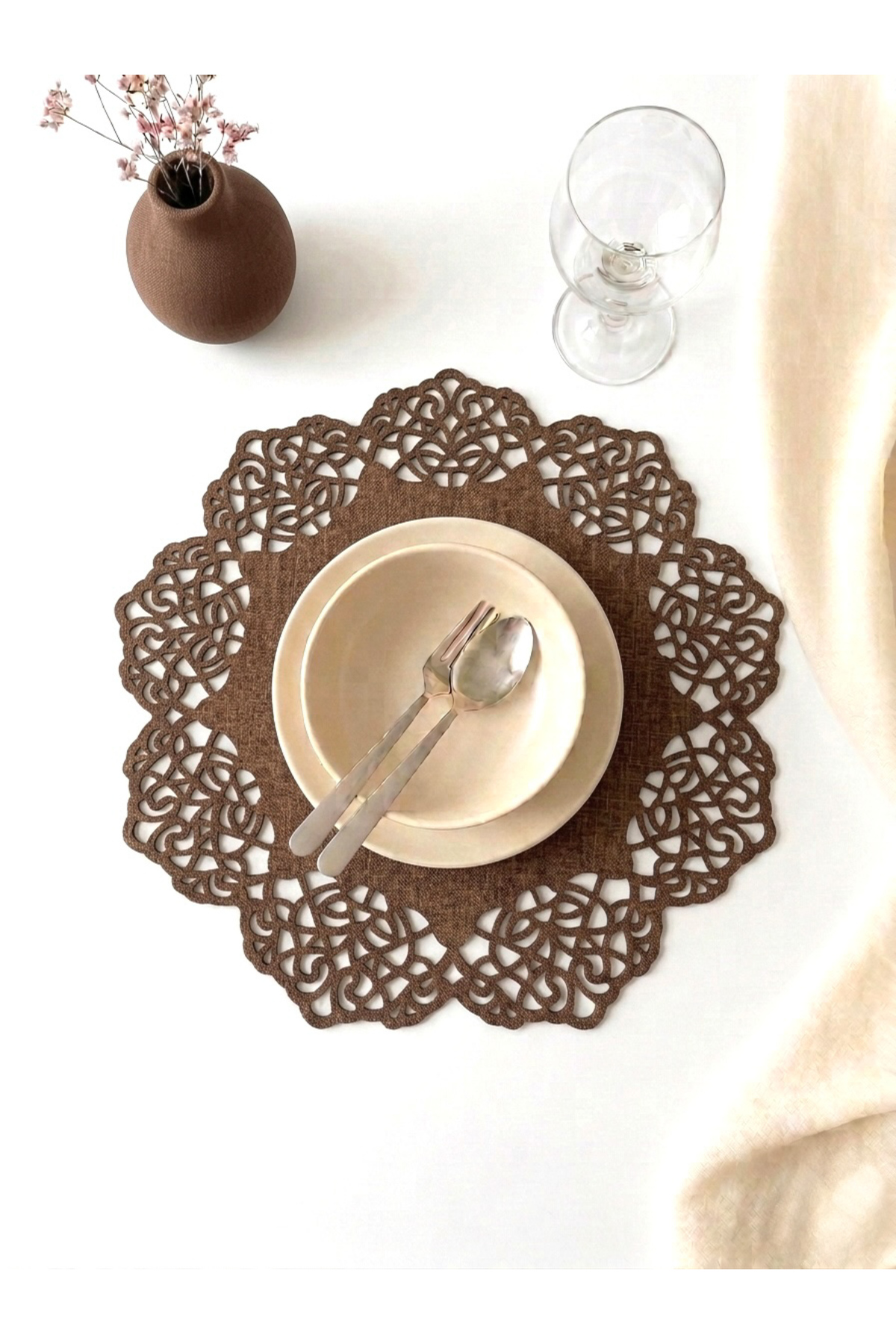 Brown Suede Fabric American Service Underplate 35x35 Cm Round Set of 6 - Stylish and Durable