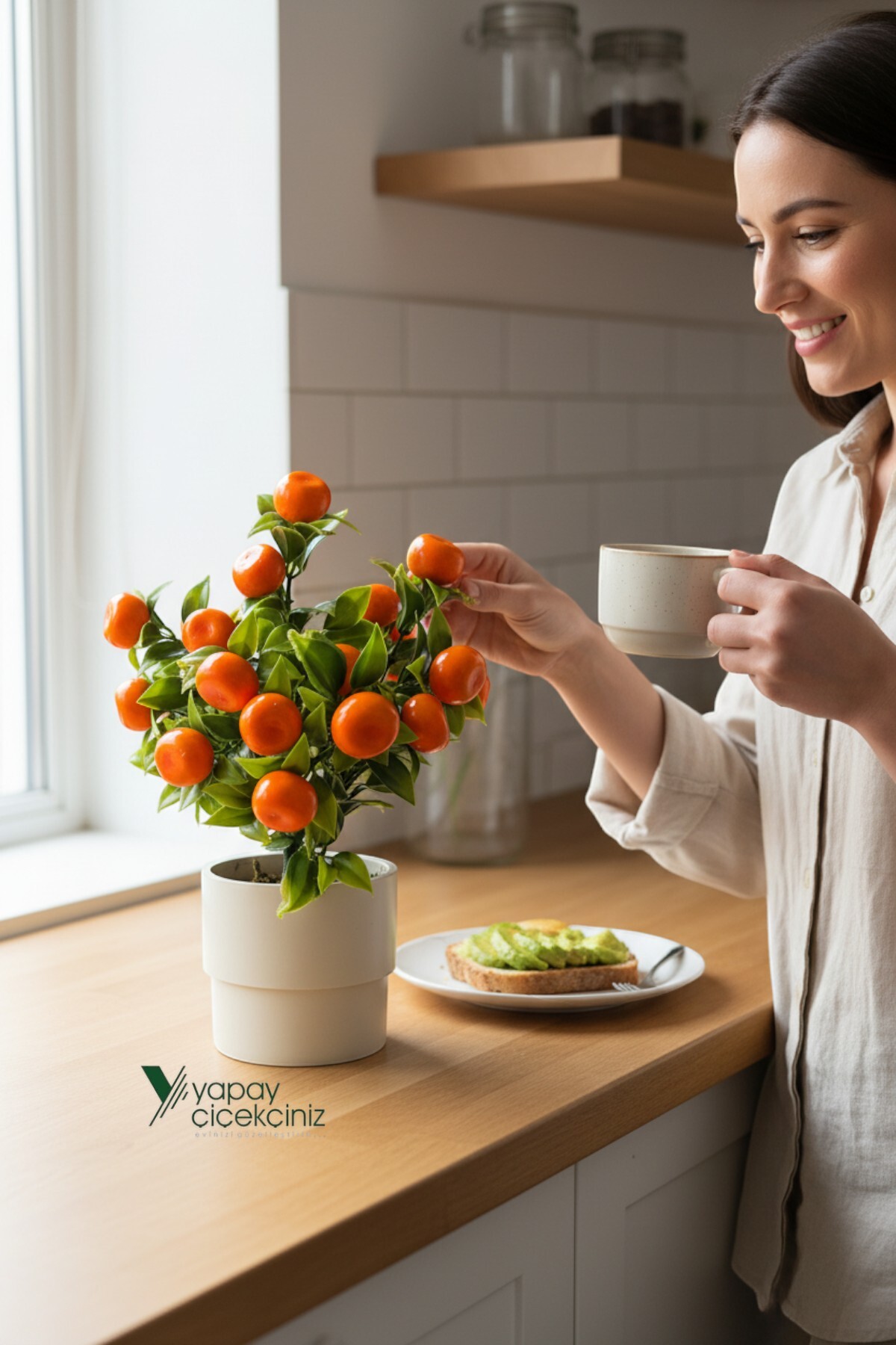 Artificial Tangerine Tree in White Flower Pot